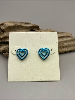 Teal Blue Double Heart Stud Earrings | Petite Metallic Open Heart Post Earrings